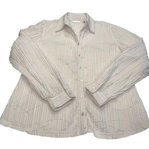 Samuel Dong Women’s White Shirt Textured Button Down Cotton Sz L